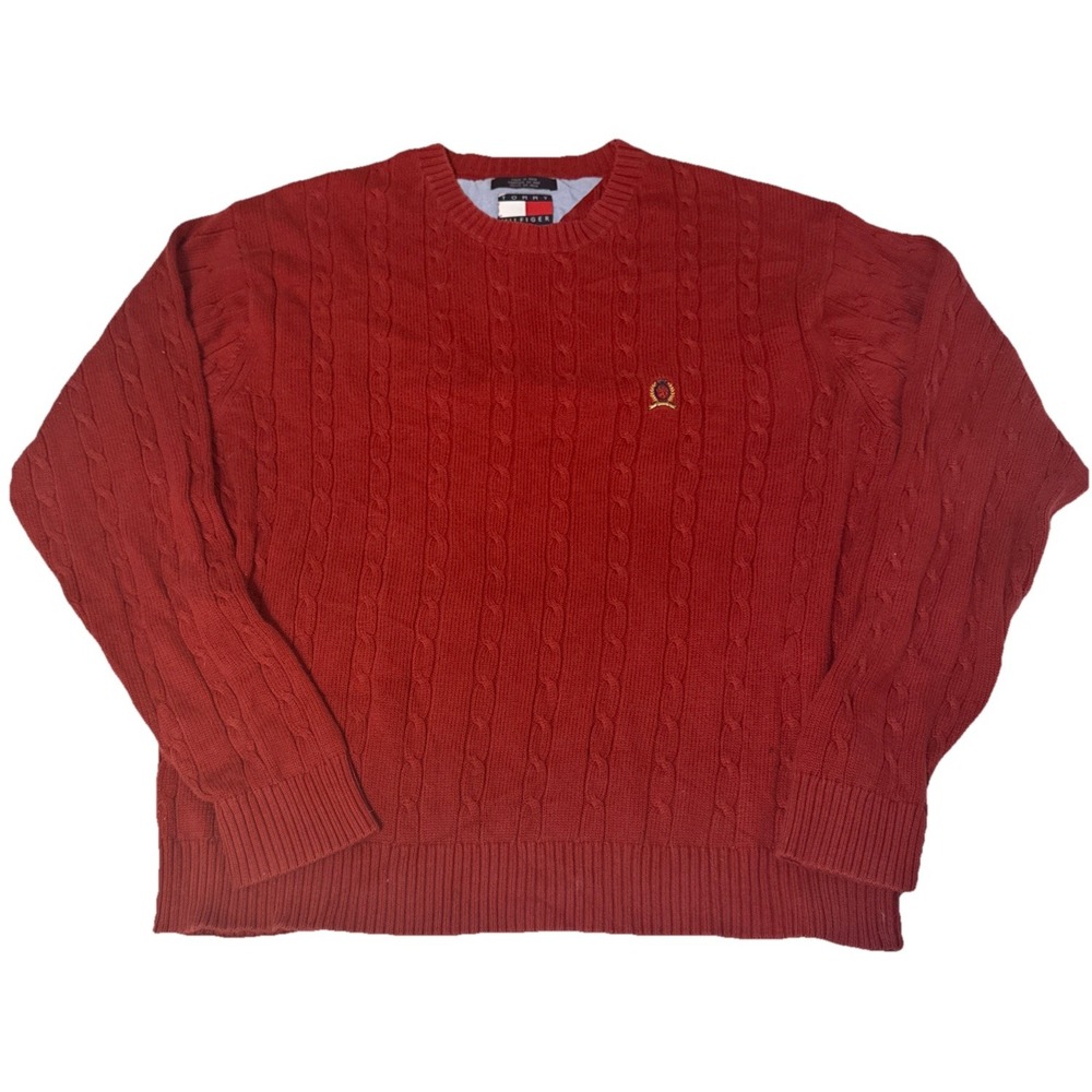 Tommy Hilfiger Red Cable Knit Sweater‎  Early 90s Vintage 100% Cotton  XL